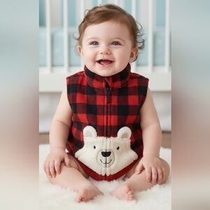 Cozy Kids Checkered Vest with Bear Design